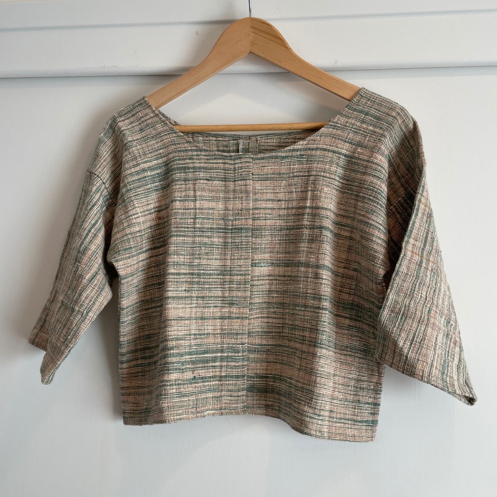 MIRA‎ BLACKMAN Artisanal Woven Striped Cropped Top 3/4 Sleeve Boat Neck Casual